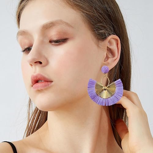 Anmpab Straw Fan Bohemian Tassel Earrings for Women Trendy Colorful Fringe Summer Beach Statement Earrings - color: Violet