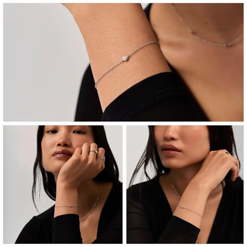 NOKMIT Solid 925 Sterling Silver Bracelets for Women, Dainty Interlocking Circles Cubic Zirconia Adjustable Chain Bracelet, Trendy Stackable Link Bracelets, Simple Cute Jewelry Gifts - color: Silver Bezel-Set CZ