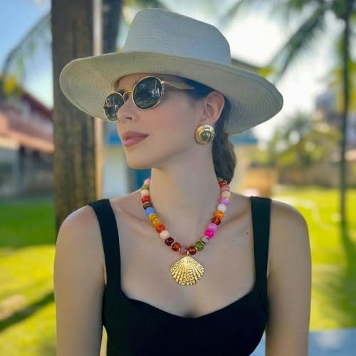Chunky Beaded Starfish Shell Necklace for Women Colorful Boho Summer Chain Choker Beach Necklace with Acrylic Beads Trendy Chunky Jewelry Gifts - color: XL005E