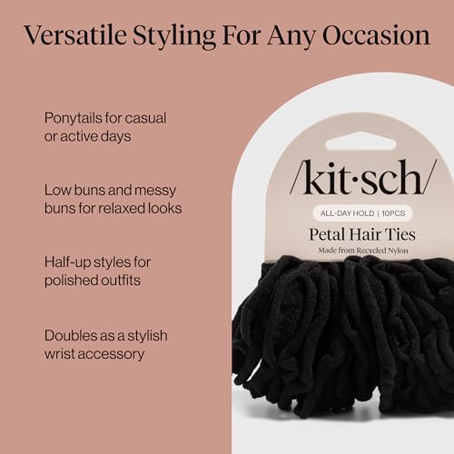Kitsch Petal Hair Ties No Damage - Strong, Stretchy & Snag-Free Hair Bands | Soft Fabric Ponytail Holders, Stylish Elastics for Everyday Hairstyles | Ideal Gifts for Women - Black, 10pcs - color: Black Petal (Pack of 10)