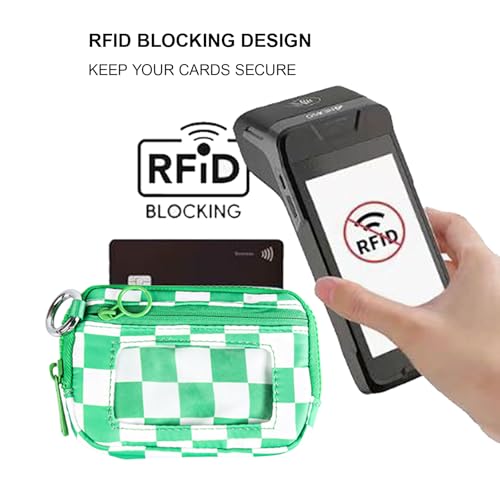 Wristlet Wallet for Women Mini Zip Card Case with Clear ID Window Zipper Coin Purse Lightweight Portable Keychain Wallet - color: Green Lattice