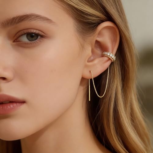 Gold Dangling Earrings for Women，Cuff earrings Chain Hoop Helix Hook Earrings for Women Unique Huggie earrings Trendy Stud ear chain 2025 Jewelry Gifts - color: gold