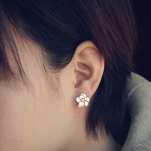 AllenCOCO Rose Flower Stud Earrings for Women Sensitive Ears, Hypoallergenic Cute Gold And Silver Rose Flower Earrings Studs for Women Nickel Free - color: White flower/Rose gold, size: 0.55
