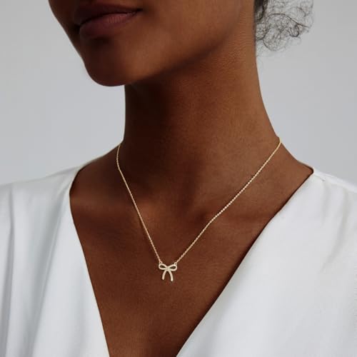 Luxval Diamond Pendant Gold Necklace for Women，Dainty 18k Gold Plated Choker Necklaces Simple Gold Jewelry Gifts for Women Girls - color: Gold-CZ bow