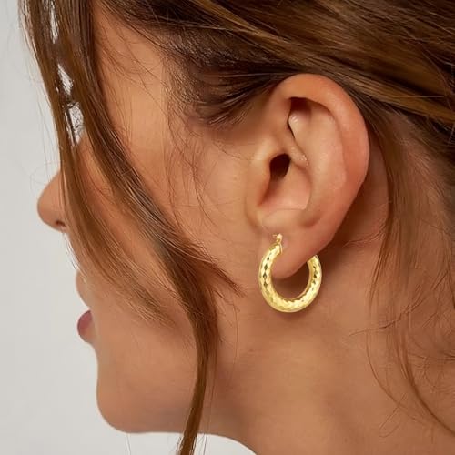 Gold Plated Hoop Earrings for Women 14K Gold Plated Earrings for Women Hypoallergenic Lightweight Wrinkle Texture Earrings Womens 20mm/25mm/30mm - size: 25mm