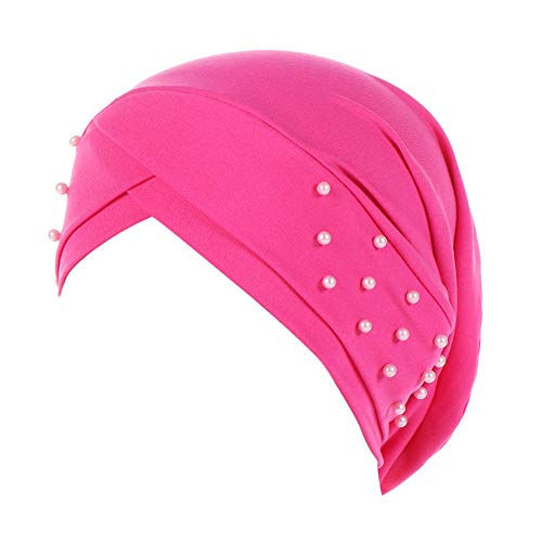 Women Beaded Silky Beanie, Pre-Tied Turban Head Wrap Cap for Chemo Chemical Cancer Hair Loss Cover Hat - color: Rose Red