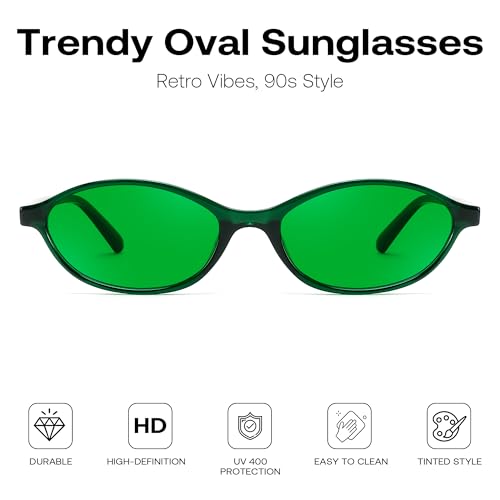 FEISEDY Retro Oval Sunglasses for Women Cat Eye 90s Lightweight Narrow Shades Trendy Sun Glasses B4196 - color: Green