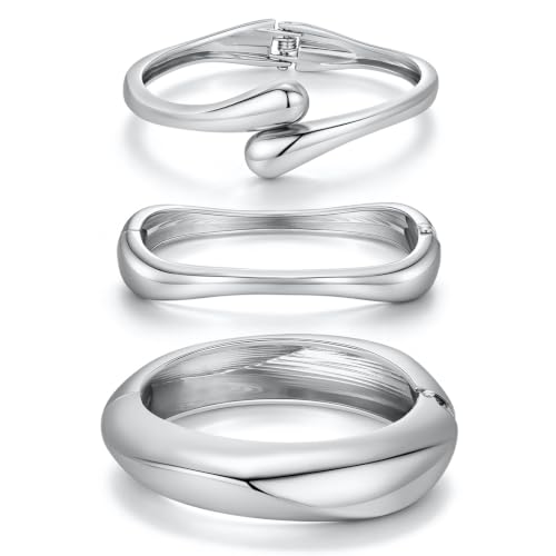 Chunky Gold Bangle Bracelets for Women Trendy 14K Gold Plated Cuff Bracelets Stack, Dainty Gold Bracelet Sets Non Tarnish Fashion Jewelry Gift - style: 3pcs-Silver