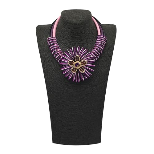 Statement African Necklace For Women African Jewelry Costume Earring Sets Tribal Fashion Colorful Big Rhinestone Crystal Pendent Collar Choker Bold Chunky Bib Handmade - color: Flower Purple
