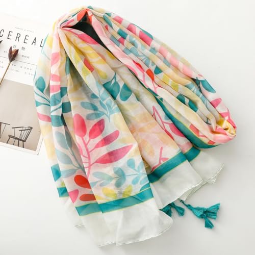 WaJuemy Travel Boho Scarf for Women Casual Lightweight Pashmina Scarves Fashion Multicolor Shawl Wraps with Fringed Beads - color: 02a White Leaves