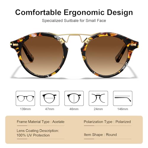 CARFIA Double Bridge Small Acetate Sunglasses for Women Polarized, Retro Metal Brow Ladies Sunnies Fashion Round Eyewears - color: 3. Tortoise Frame Gradient Brown Lens
