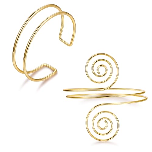 2Pcs Arm Cuff Gold Upper Arm Cuff for Women Adjustable Upper Arm Bracelets Open Irregular Arm Bangle Minimalist Coil Swirl Armlets Armband Jewelry - style: styleA gold
