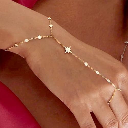 Silver Gold Ring Hand Chain Bracelet for Women non Tarnish Star Dainty Bracelets Hand Chain Ring Stackable Chains Bracelet - color: gold