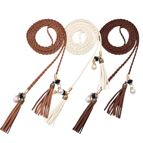 TeeYee Waist Belt Woven Knitted Rope/Chain PU leather 3 Pieces Tassel Rope Skinny Belt - color: 257beigetancoffee