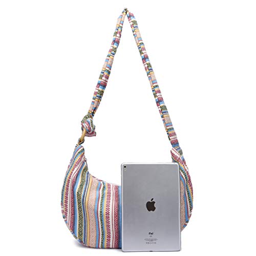 Women Hippie Crossbody Bag cloth boho Sling Bag Canvas Bohemian Hobo Hand Bags - color: Off-white