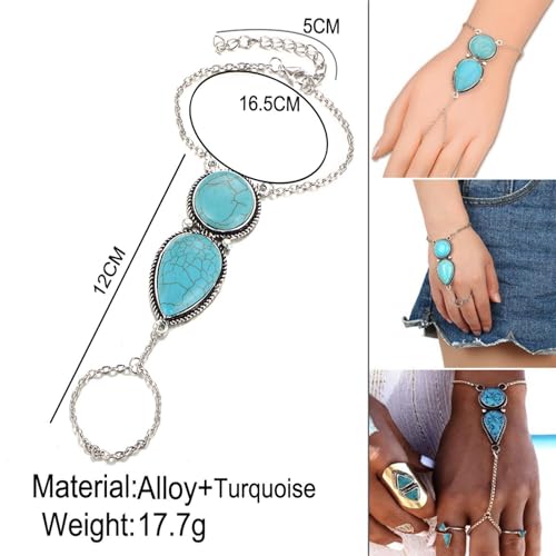 Boho Hand Chain Turquoise Finger Ring Ethnic Ring Vintage Turquoise Hand Harness Slave Bracelet Jewelry for Women