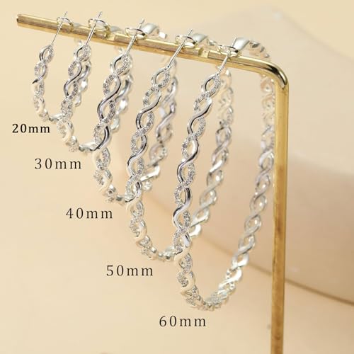 Senteria 925 Sterling Silver Post Hoops Earrings for Women Lightweight Twisted Hoop Earrings With Cubic Zirconia Hypoallergenic Silver Hoops Earrings (20/30/40/50/60MM) - color: silver-20/60mm