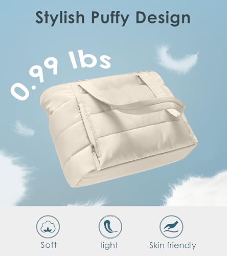 Tote Bag for Women with Zipper, Quilted Puffer Tote Bag with Compartments, Lightweight Puffy Work Bags for Women Travel - color: Beige
