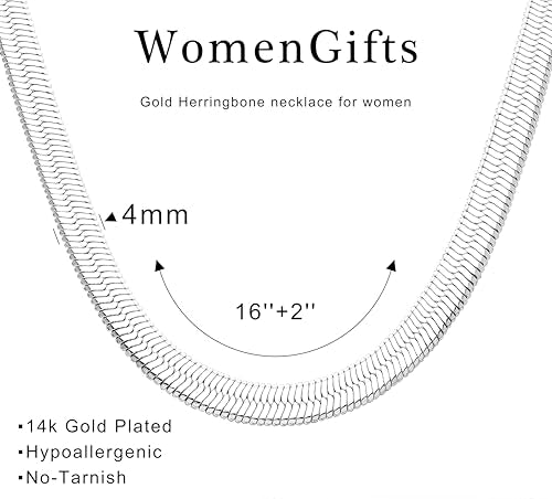 WomenGifts 14K Gold Silver Plated Herringbone Necklace for Women, Dainty Snake Chain Choker, Trendy Simple Long Layered Jewelry Non Tarnish, 3/4/5/8mm,14,16,18,20,22,24,26 Inch Thin & Chunky Options - color: Silver, style: 4mm-16inch