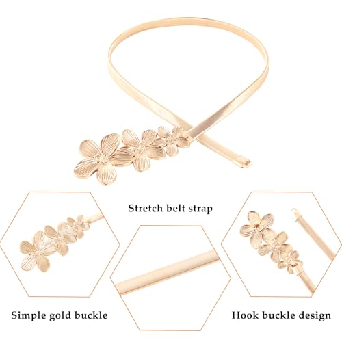 E-Clover Womens Fashion Metal Stretch Waist Skinny Belt Waistband - color: Gold Flowers