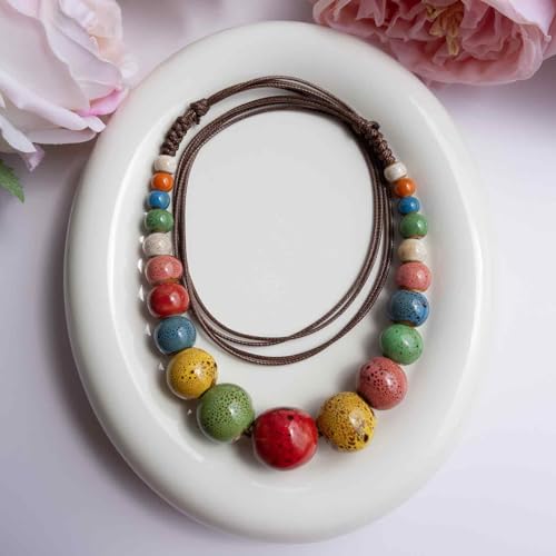 Boho Round Colorful Ceramic Beaded Necklace, Adjustable Hippie Statement Necklace, Handmade Ethnic Jewelry Gift for Women - color: Colorful
