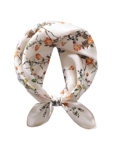 ANDANTINO 100% Mulberry Silk Scarf -21” Square Neckerchief with Gift Packed - color: Flowers-white
