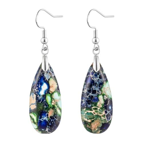 Stone Drop Earrings for Women Earrings Teardrop Jasper Stone Dangle Earrings - color: Blue&Green-Silvery Hook