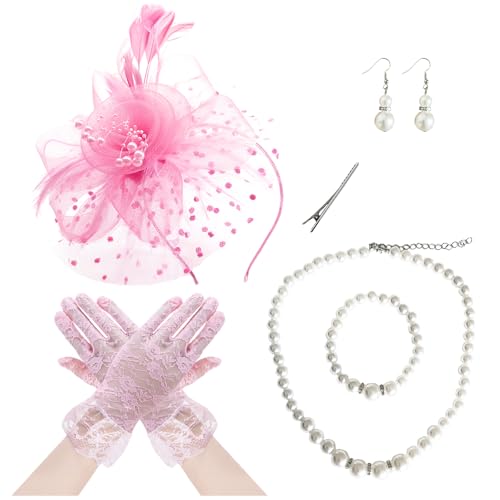 Fascinators Hat Pearl Earrings Necklace Bracelets Gloves 1920s Headband Hair Clips Women Flower Mesh Feather Headpiece Headwear Halloween Carnival Cocktail Wedding Tea Party Accessories Pink - color: Pink