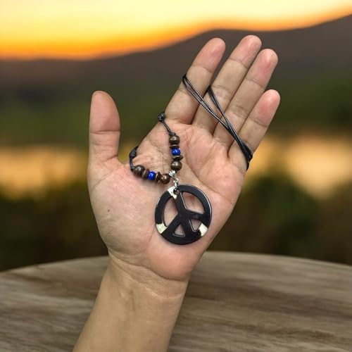 LAVIP Peace Sign Pendant Necklace, Black Cord with Wooden Beads, Boho Style - color: Black-1