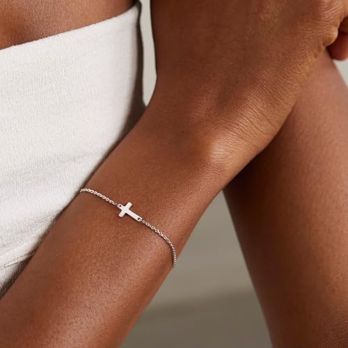 Tewiky Waterproof Gold Bracelets for Women Non Tarnish - Dainty Stack 14K Gold Plated/Sterling Silver Chain Bracelets Set Adjustable Trendy Jewelry for Women - style: silver cross bracelet