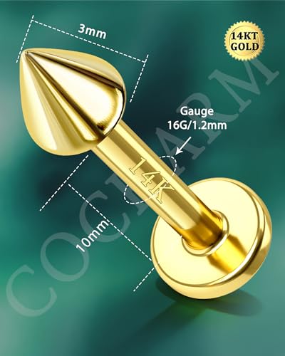 COCHARM 14k Solid Gold 16g Labret Studs Real Yellow Gold Medusa Monroe Madonna Stud Lip Piercing Helix Cartilage Conch Earring Stud - color: Yellow Point-10mm