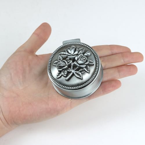 Vintage Metal Trinket Jewelry Box, Small Heart Shape Jewelry Organizer Rose Flower Sunflower Antique Treasure Chest Ring Holder, Earrings Necklace Storage Box Keepsake Box for Women (Circle-Rose) - style: Circle-Rose