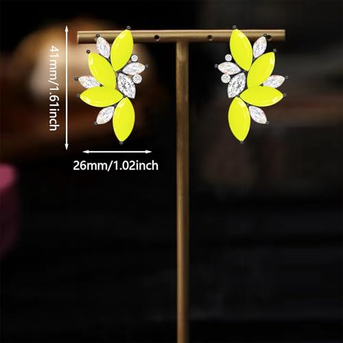Bohemian Statement Sparkly Colourful Fancy Rhinestone Crystal Flower Dangle Drop Stud Earrings Vintage Wedding Bridal Prom Earrings for Women - color: Yellow