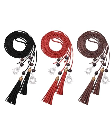 TeeYee Waist Belt Woven Knitted Rope/Chain PU leather 3 Pieces Tassel Rope Skinny Belt - color: 018blackredcoffee