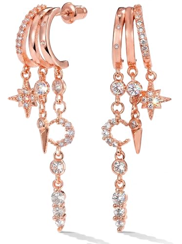 MUMREUES Gold Earrings for Women Trendy 14K Gold Plated Dangle Earrings Small Hoop Huggie Drop Stud Earrings Cubic Zirconia Simple Minimalist Dainty Chain Tassel Hypoallergenic Earrings - color: Celestial & Rose Gold