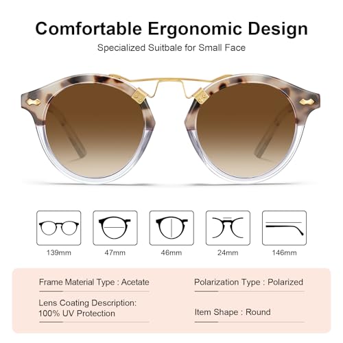 CARFIA Double Bridge Small Acetate Sunglasses for Women Polarized, Retro Metal Brow Ladies Sunnies Fashion Round Eyewears - color: 2. Pink White Tortoise Frame Gradient Brown Lens