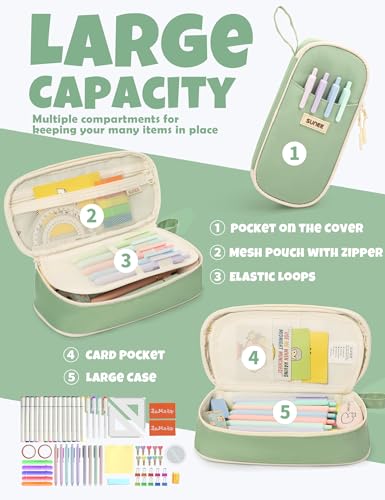 SUNEE Cute Pencil Case, Large Pencil Pouch, Aesthetic Big Pencil Bag with Zipper, Kawaii Stationery Storage and Organizer, School Supplies for Boys and Girls Teen, Heavy Duty Oxford Canvas, Sage Green - color: Sage Green