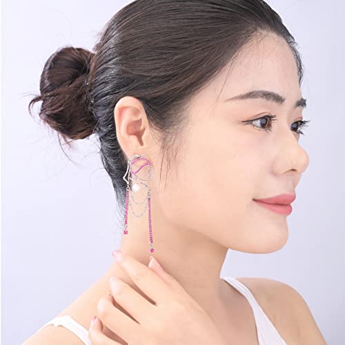 Unique Abstract Face Art | Dangle Statement Long Earrings for Women | Rhinestone Tassel Handmade Chandelier Earrings - color: Silver Red Diamond