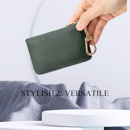 Full Grain Leather Coin Purse with Key Chain - Small Change Purse Keychain Card Holder Keychain Pouch Small Keychain Wallet for Women and Men (Forest Green) - color: Forest Green, Regular Size