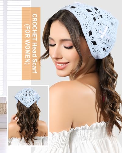 AWAYTR Crochet Head Scarf Hair Bandanas Women Knit Bandana Headband Scarf Tie-Back Head Coverings Floral Headscarf - color: Solid Color - Pink + Blue