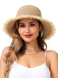 LA CARRIE Womens Sun Hat Floppy Packable Wide Brim UV Protection UPF 50+ Straw Hat with Fringe for Summer Beach - color: Khaki