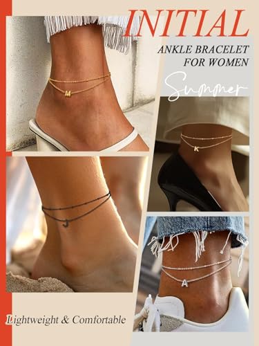 FaithHeart Initial Ankle Bracelets for Women, Waterproof 14k Gold Plated Initial Anklets Non Tarnish Stainless Steel Cute Layered Anklet Summer Beach Jewelry - color: Silver, size: Initial L
