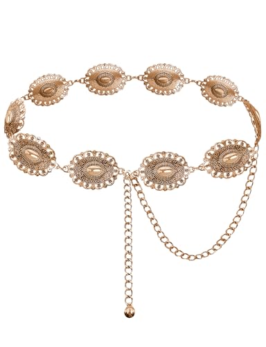TOPACC Western Metal Concho Belt for Women Cowgirl Chain Belts for Dresses Jeans Country Concert Outfit - color: E Brass Gold, size: Fit Waist: 33-34 in