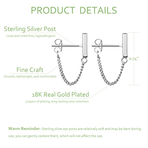 Chain Earrings for Women Small Sterling Silver Post Bar Drop Dangle Earrings Minimalist Stud Earring Hypoallergenic Dangly Jewelry Gift - color: small chain stud/silver