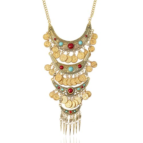 Bethynas Bohemian Ethnic Tribal Chunky Necklace Multilayer Long Tassel Turquoise Statement Neck Chain Retro Coin Gemstone Exaggerated Costume Accessories for Women - color: A-Gold