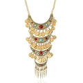 Bethynas Bohemian Ethnic Tribal Chunky Necklace Multilayer Long Tassel Turquoise Statement Neck Chain Retro Coin Gemstone Exaggerated Costume Accessories for Women - color: A-Gold