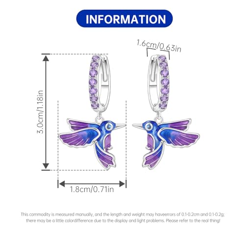925 Sterling Silver Dangle Earrings for Women, Butterfly&Bee Animals Design, Hypoallergenic Jewelry gifts - color: Blue purple bird earrings