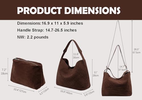 Leather Woven Tote Bag for Women, Vintage Suede Woven Hobo Bag, Large Crossbody Shoulder Slouchy Handbag - color: Coffee