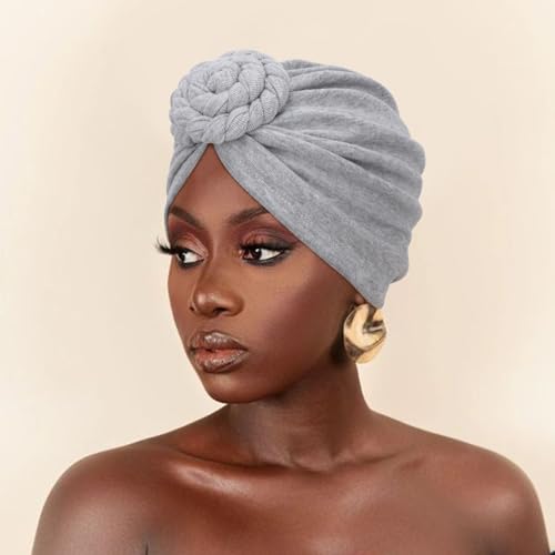 DRESHOW 5 Pack Knotted Headwraps for Women African Turban Pre-Knotted Beanie Headwraps Hair Covers - color: 5 Pcs Donut Flower: Red, Beige, Black, Brown, Light Gray