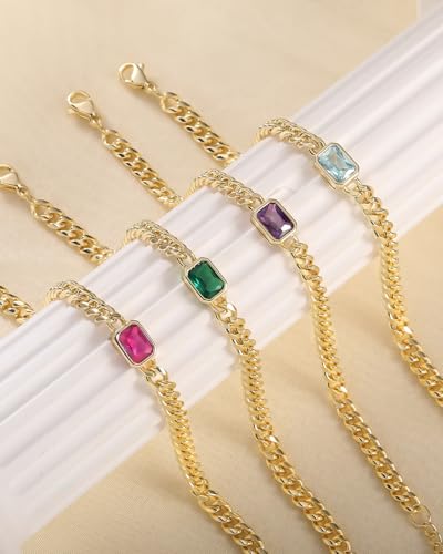 Birthstone Gold Bracelets for Women Non Tarnish Trendy 14k Gold Plated Bracelet Dainty Charm Emerald Bracelets Stack Cuban Link Friendship Bracelets Jewelry Gifts for Birthday/Valentine's Day - color: 03. March(Aquamarine)